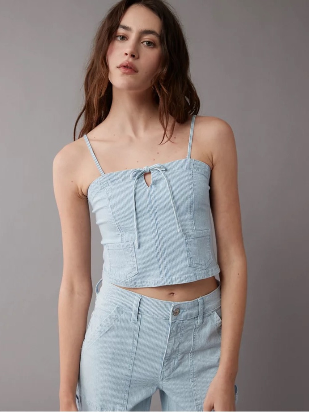 NWT American Eagle Outfitters Pale Blue Striped Denim Tie-Front Cropped Top